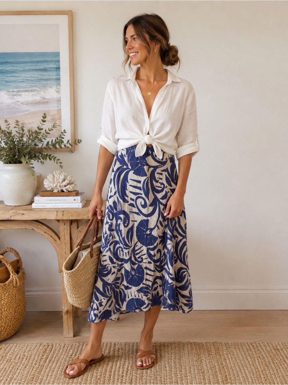 Blue Floral A-Line Midi Skirt - Casual Summer Style - Picture 2 of 4